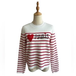 Calligraphie Paris White Red Striped Heart Pullover Knit Sweater Size Small New